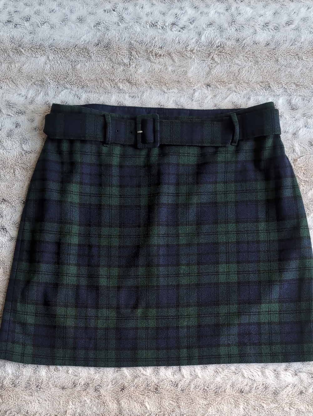 LOFT Academia Green & Navy Wool Plaid Belted Mini Skirt